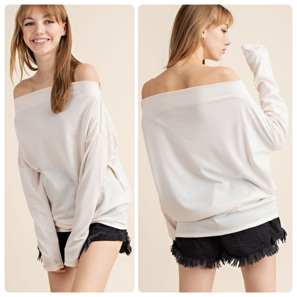 Oatmeal French Terry Off-Shoulder Top